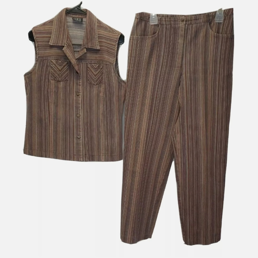 Vintage Striped Denim Vest High Rise Pant Leisure Set Boho City Retro Preppy